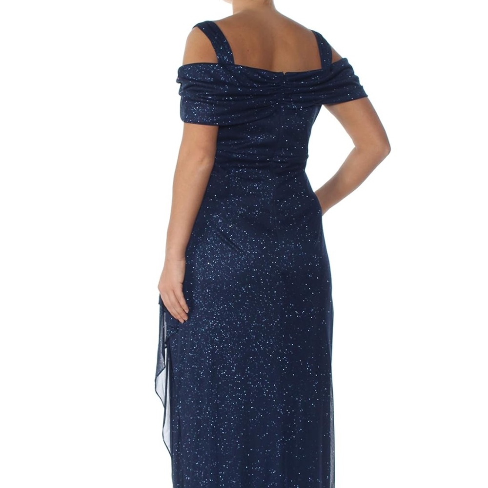 Alex Evenings Cold Shoulder Glitter Mesh Navy Dress Draped Skirt & Cowl Neckline - Picture 4 of 14